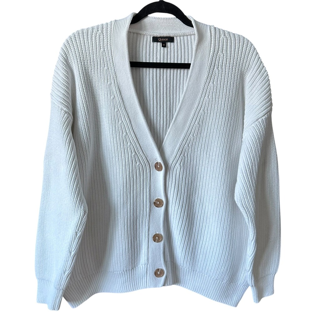 Quince Organic Cotton Oversized Boyfriend Cardigan Ivory White Ribbed Sweater M